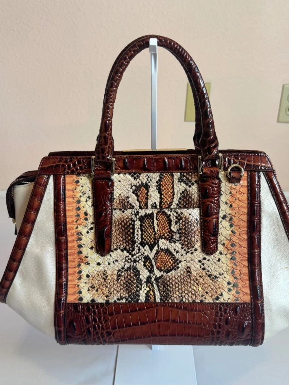 Brahmin Satchel Handbag Snakeskin Leather Trim Mini Asher Melbourne Hemlock